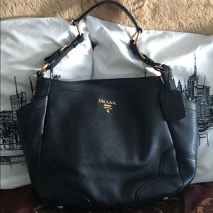 Prada Vitello Daino Tote Black Pebbled Hobo Bag
